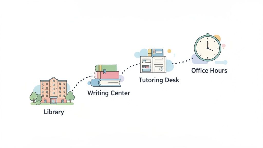 A graphic illustrating student academic support services including a library, writing center, tutoring desk, and office hours.