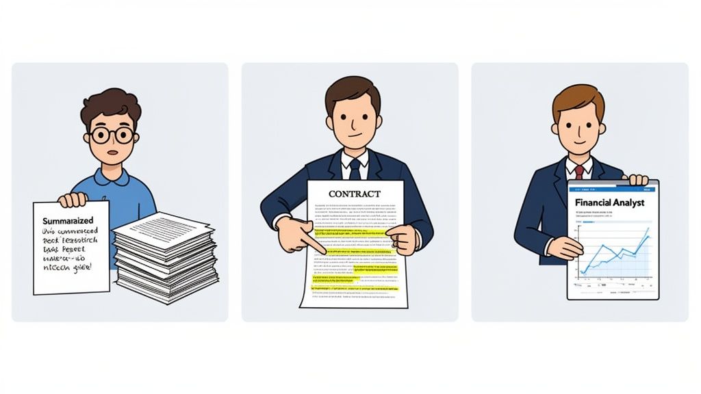 Three panels illustrating document processing including summarization, contract review, and financial analysis.