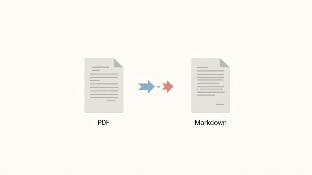 Graphic illustrating the conversion process from a PDF document to a Markdown document format.