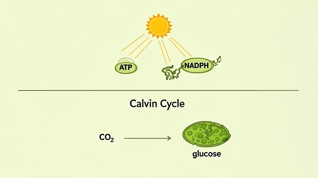 Diagram illustrating photosynthesis: light reactions produce ATP and NADPH; the Calvin Cycle converts CO2 into glucose.