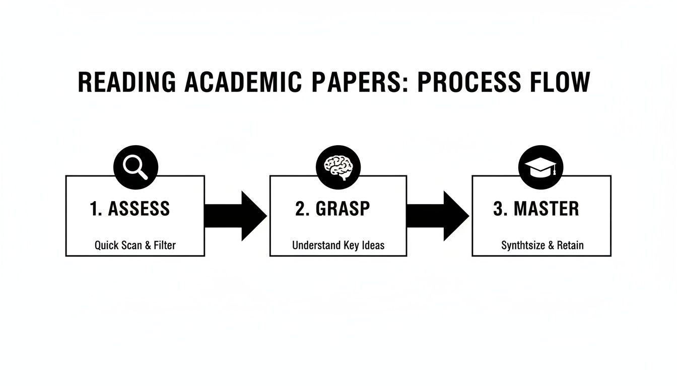 Flowchart outlining a three-step process for reading academic papers: assess, grasp, and master.