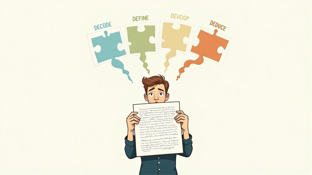 Student holding paper with puzzle pieces showing decode, define, develop, and deduce problem-solving steps