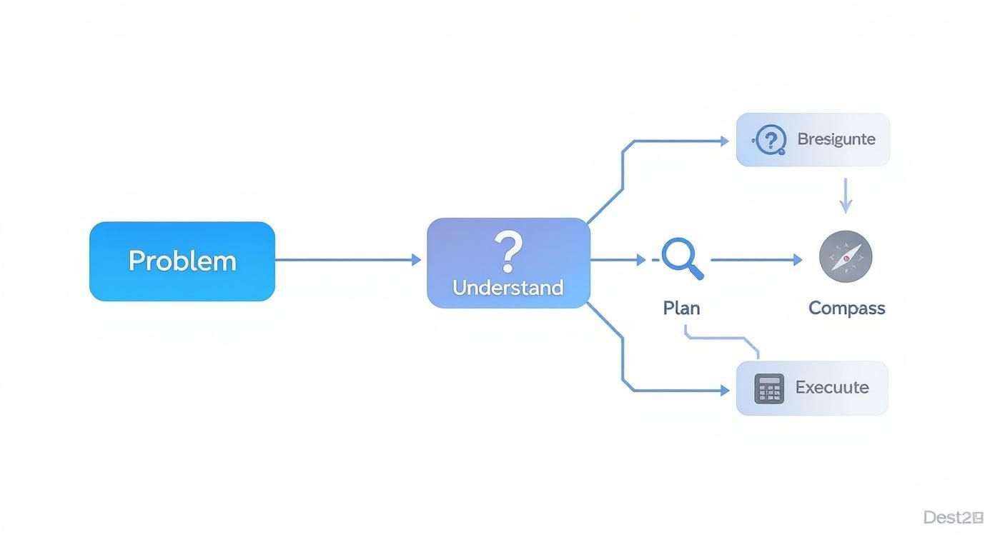 Problem-solving workflow diagram showing steps from problem to understand, plan, execute and compass navigation