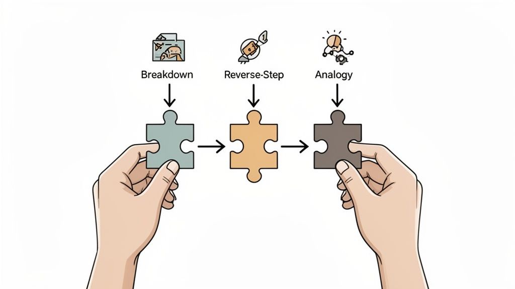 Illustration of hands holding three puzzle pieces, representing critical thinking steps like Breakdown, Reverse-Step, and Analogy.