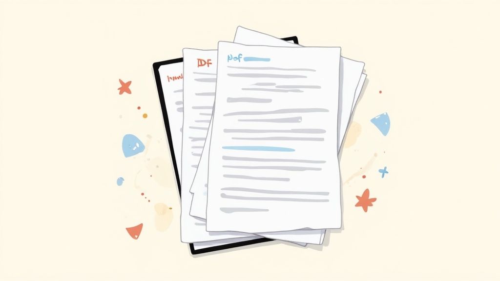 A stack of stylized white documents with text and highlighting, surrounded by colorful abstract shapes.