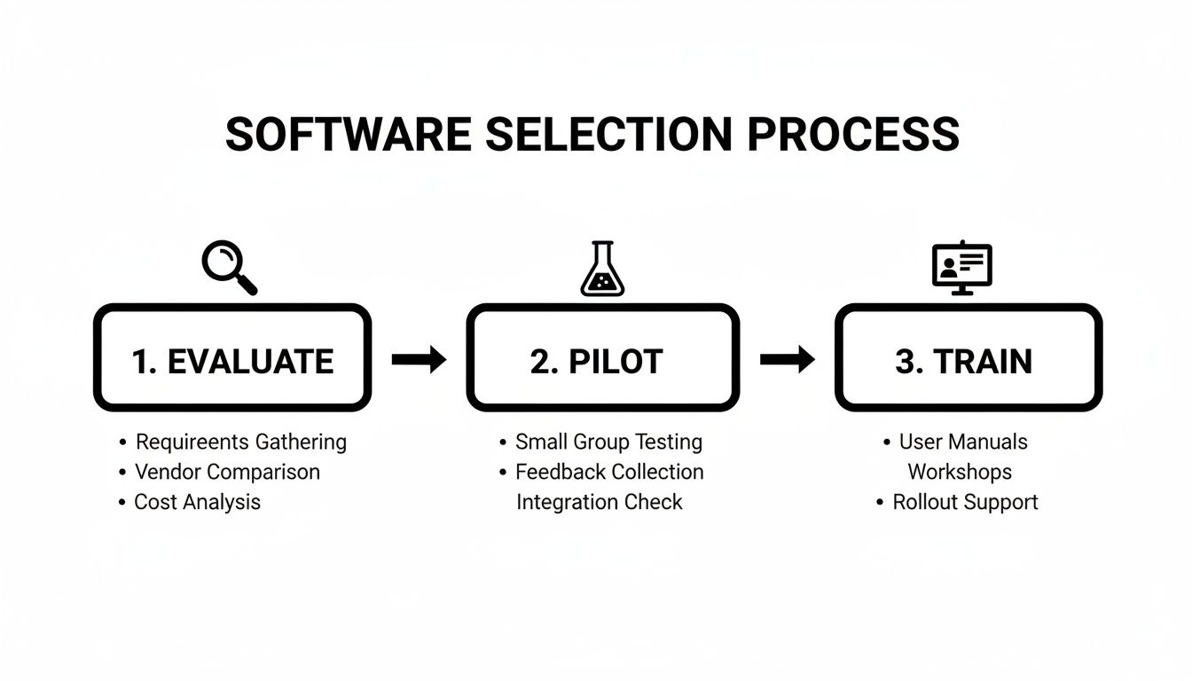 Flowchart outlining the software selection process, detailing evaluation, piloting, and training phases with key activities.