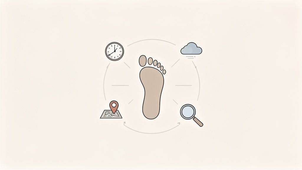 A human footprint icon surrounded by a circular diagram with icons for time, weather, location, and analysis.