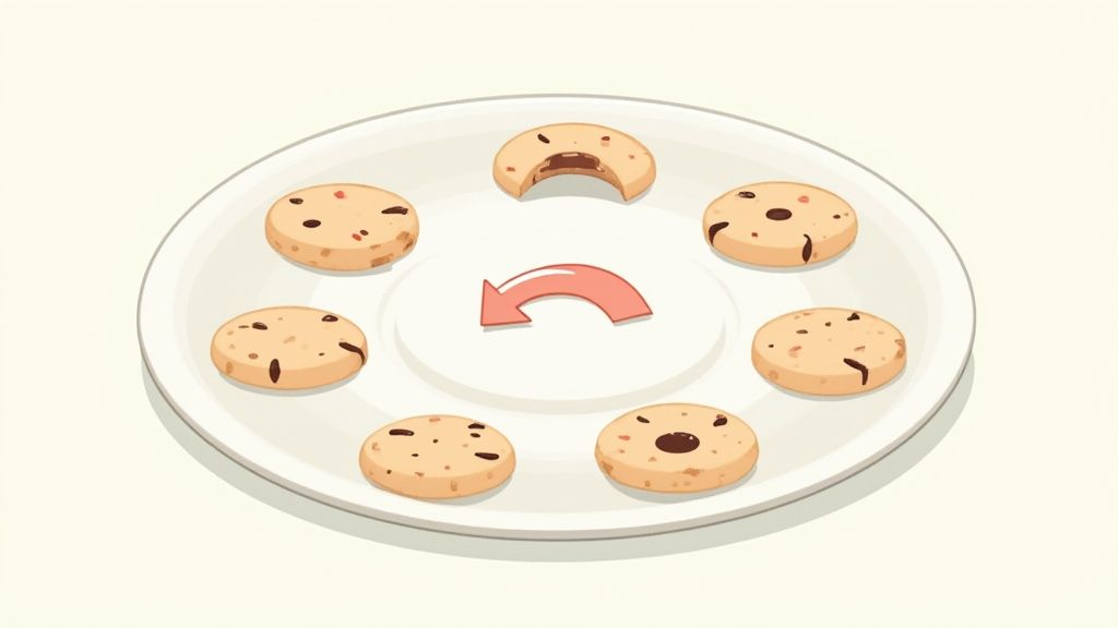 A white plate holds seven cookies, one crescent-shaped with a chocolate filling, and a red arrow indicating removal.