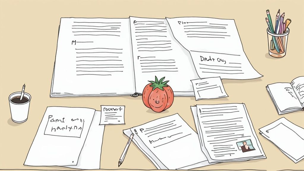 A person at a desk editing a document on a laptop, with a checklist on a notepad next to them.