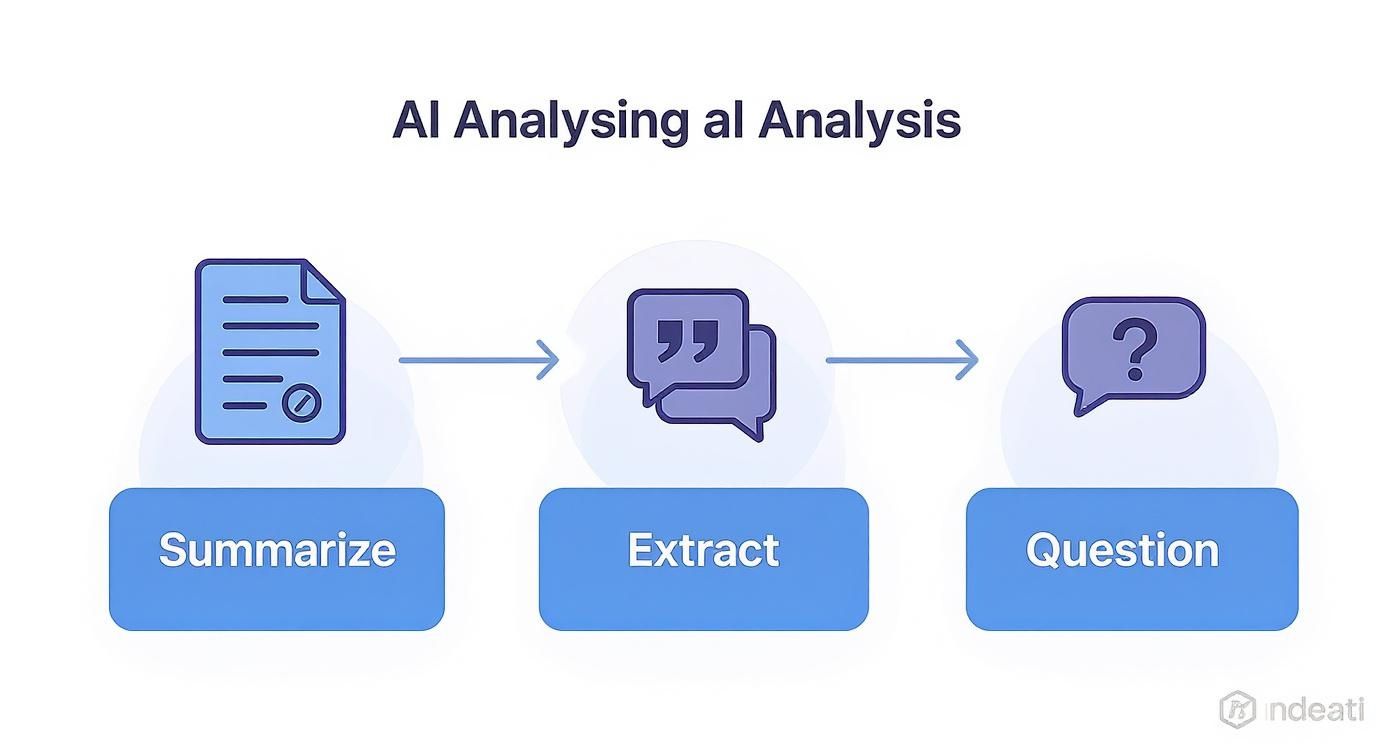 A diagram illustrating AI analysis steps: summarize a document, extract quotes, and generate questions.