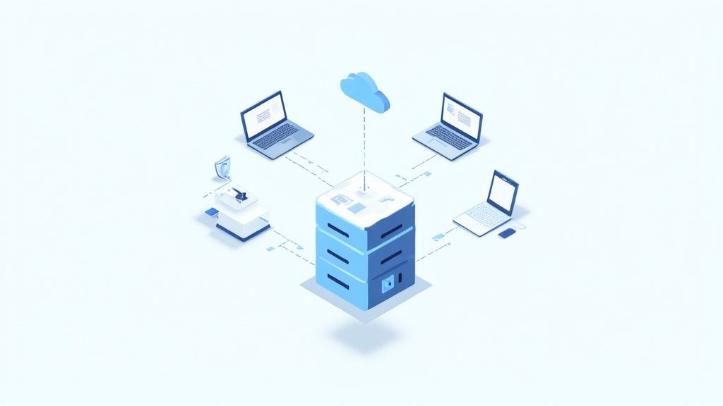 Isometric illustration of a central data server connecting to laptops, cloud, and secure documents.