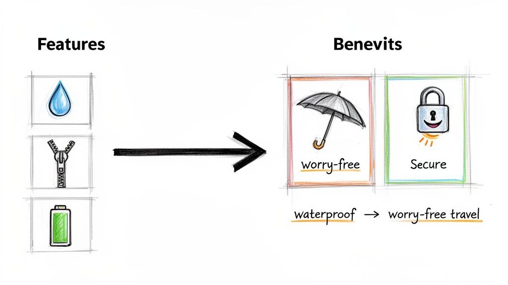 A diagram shows product features like waterproof and zippers leading to customer benefits like worry-free and secure.