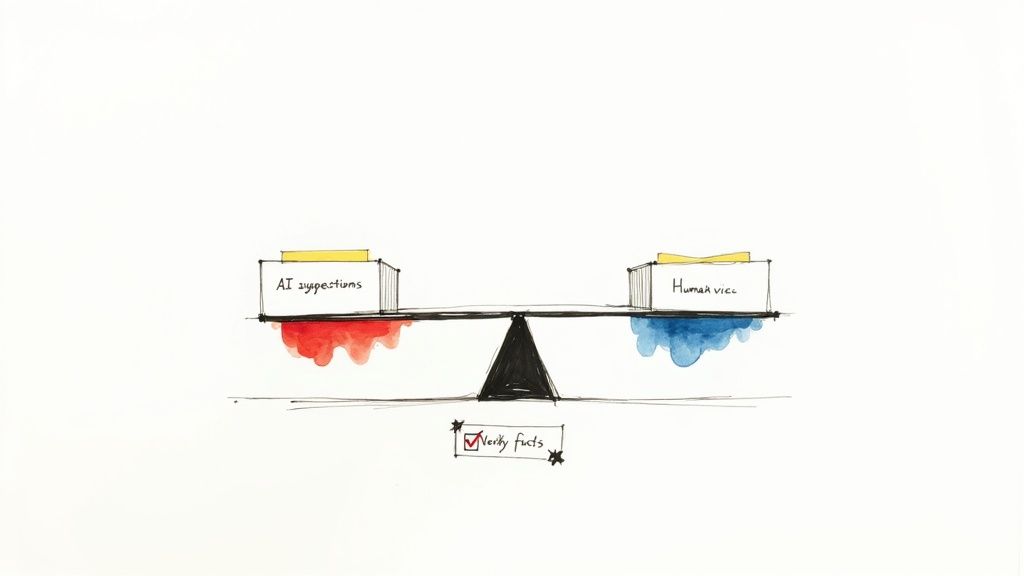 A balanced scale compares AI suggestions and human advice, with a note below to verify facts.