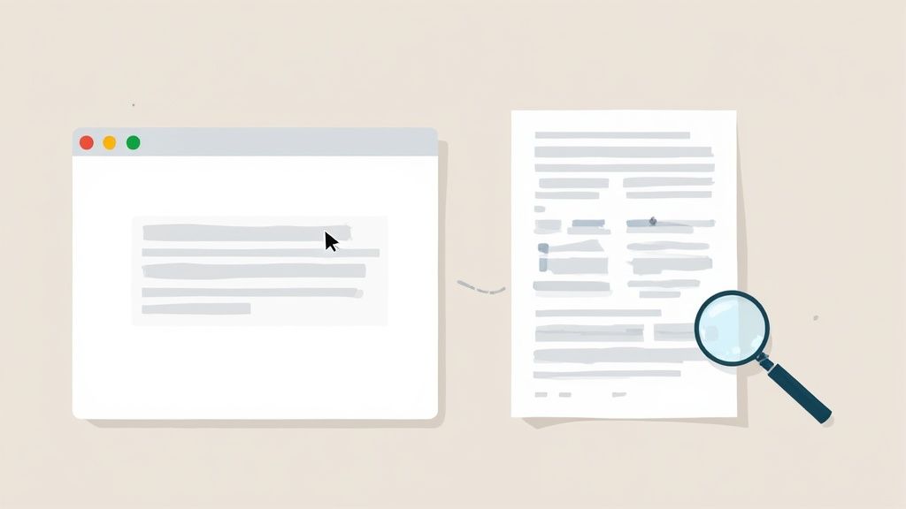 An illustration showing a browser window and a document with a magnifying glass for information extraction.