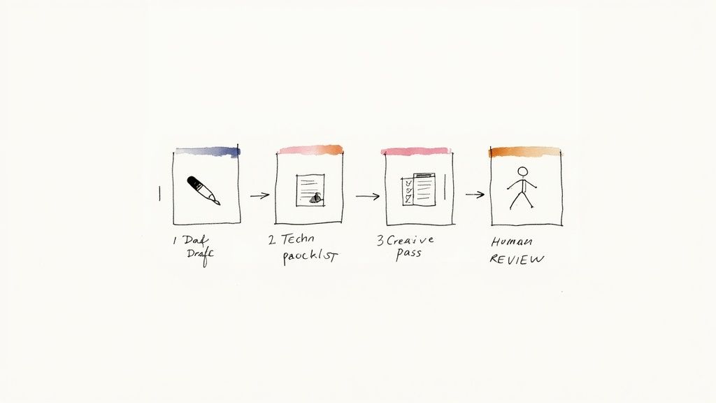 A hand-drawn diagram illustrating a four-step review process: draft, technical, creative, and human review.