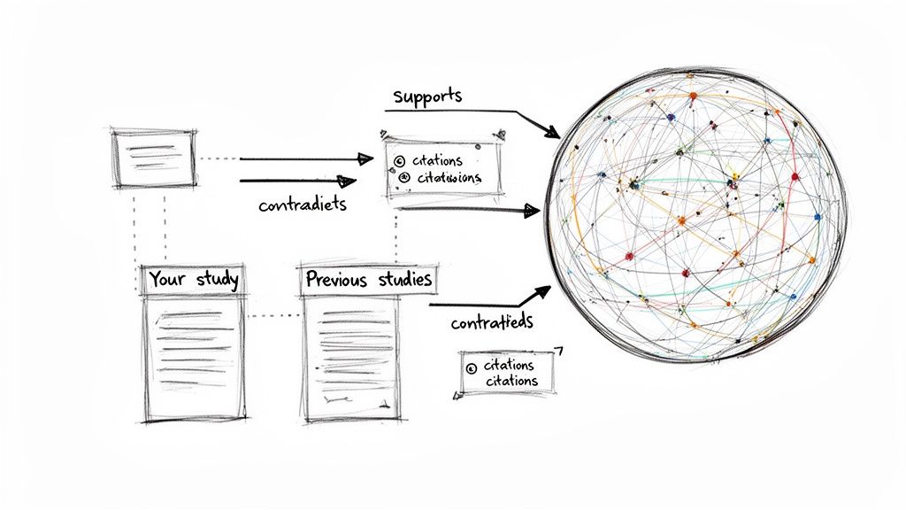 A diagram showing how a study supports and contradicts previous research, influencing a network of citations.