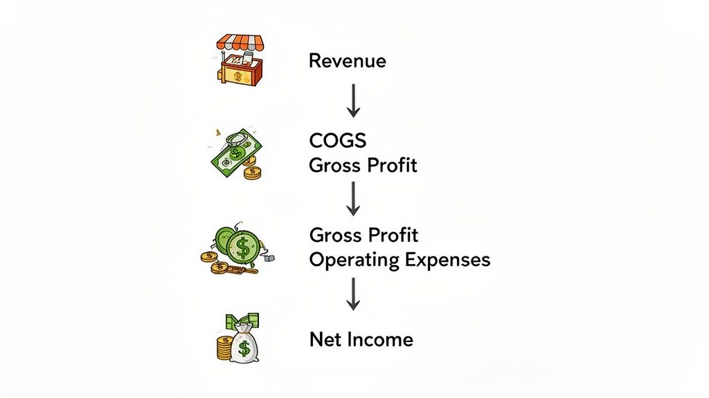 A financial flow chart illustrating the path from Revenue to Net Income, detailing COGS, Gross Profit, and Operating Expenses.