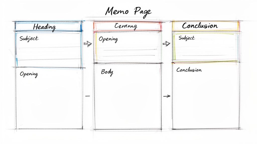 Sketch illustrating a memo page structure, detailing sections like heading, subject, opening, body, and conclusion.