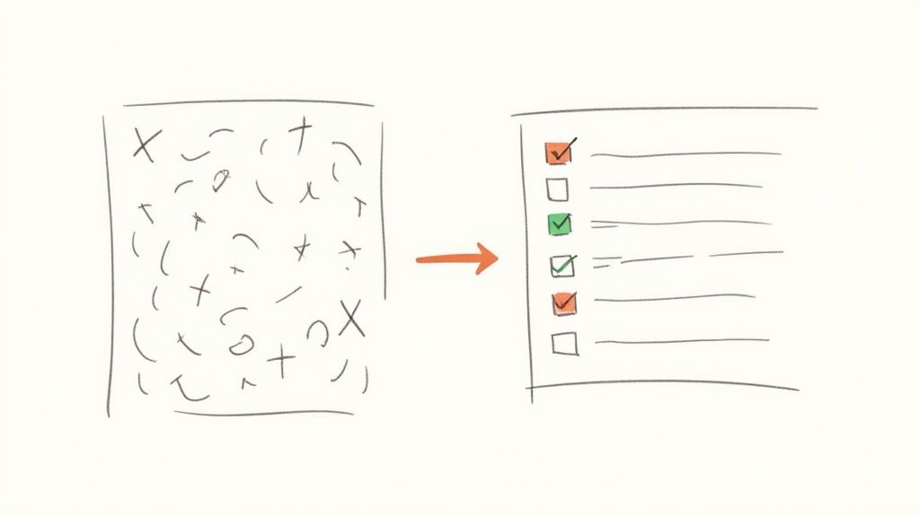 A chaotic collection of symbols and scribbles transforms into an organized checklist with colored checkmarks.
