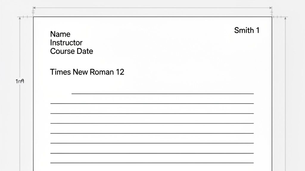 A document displaying MLA format guidelines with 1-inch margins, including name, instructor, course, date, and font information.