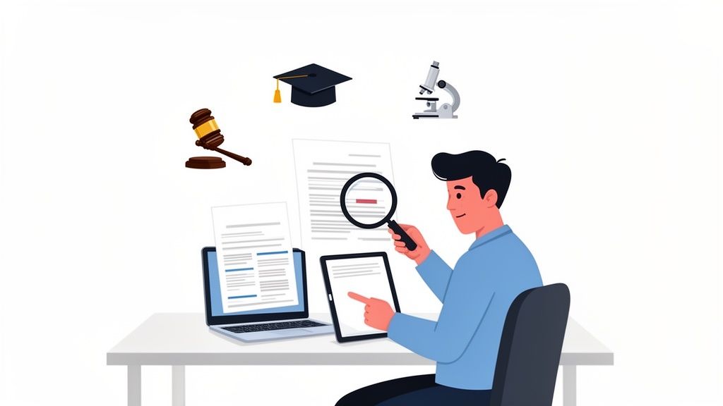 A person uses a magnifying glass, tablet, and laptop to analyze documents for law, education, and science.