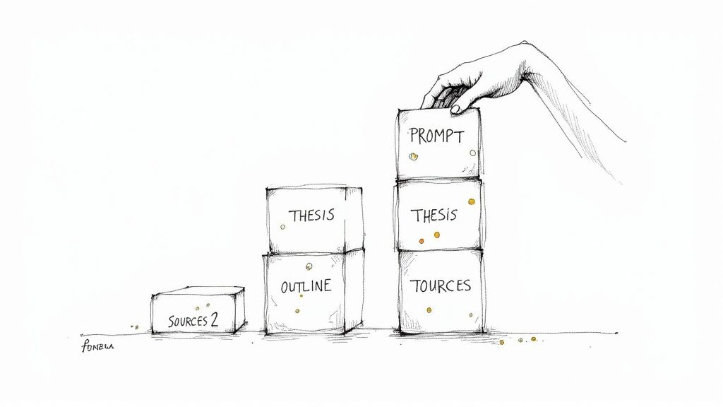 A hand places a 'PROMPT' block atop other academic writing components, illustrating the essay building process.