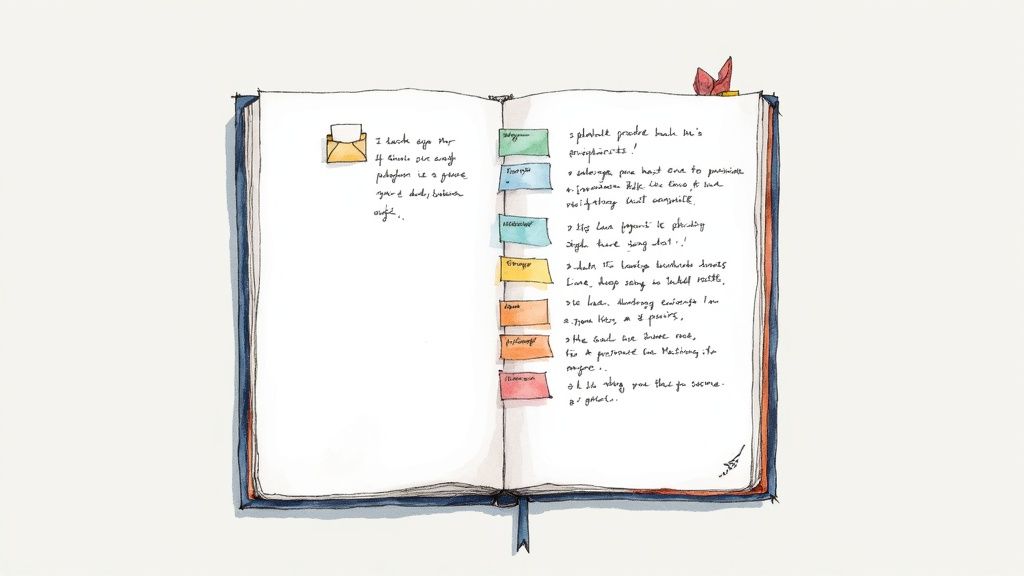 Watercolor sketch of an open journal with handwritten notes and colorful page flags.