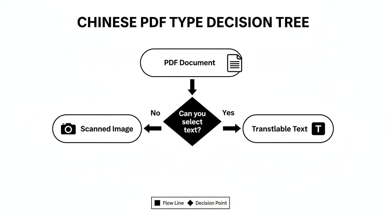 Decision tree flowchart illustrating how to identify if a Chinese PDF contains selectable text or is a scanned image.