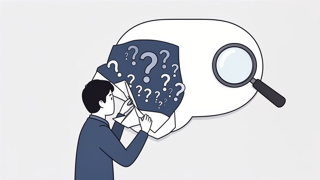 An illustration of a person peeling back layers of a thought bubble filled with question marks, with a magnifying glass.