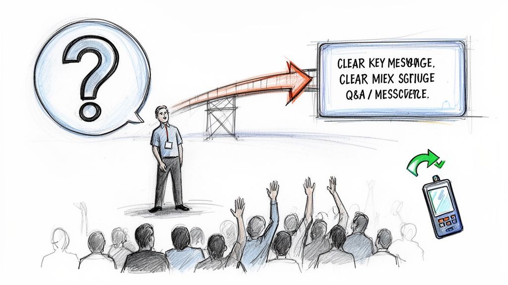 Speaker addresses audience questions, aiming for clear communication and engaging interaction with a mobile Q&A.