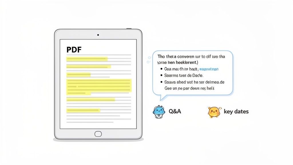 A tablet displays a PDF document with highlighted sections, alongside a text bubble and icons for Q&A and key dates.