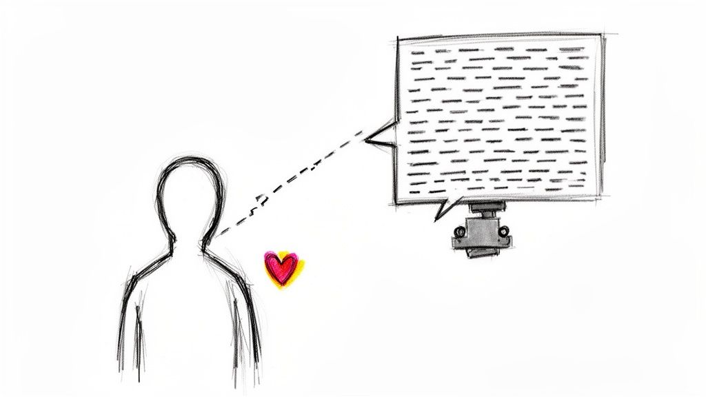 A sketch of a person looking at a screen with text, indicating human interaction and emotion.