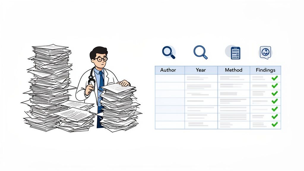 A doctor organizes a large pile of research papers into a structured literature review matrix.
