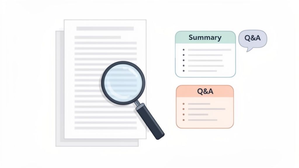A magnifying glass examining documents, leading to a generated summary and Q&A sections.