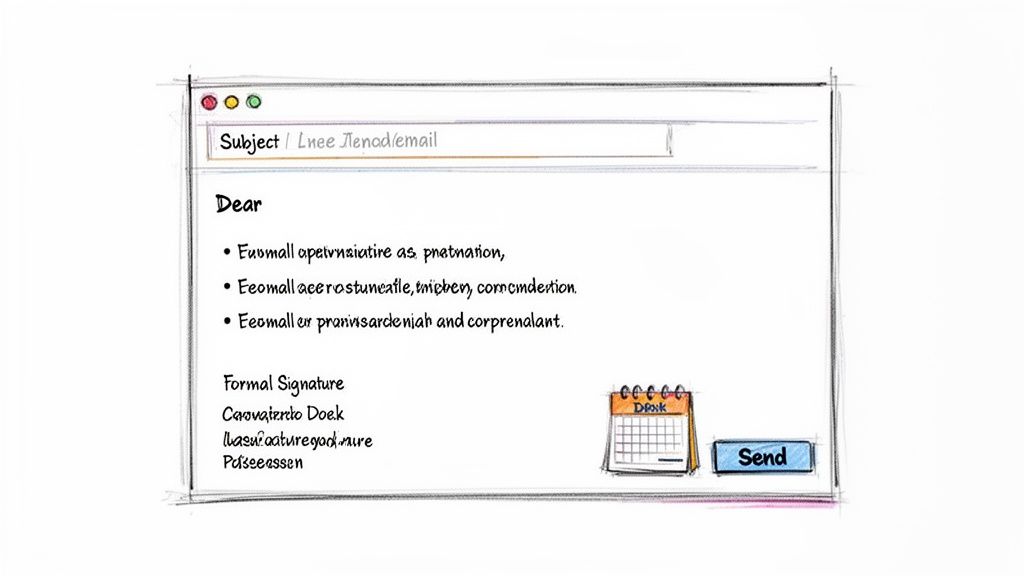 Hand-drawn email interface showing a subject line, body text, a signature, a calendar, and a send button.