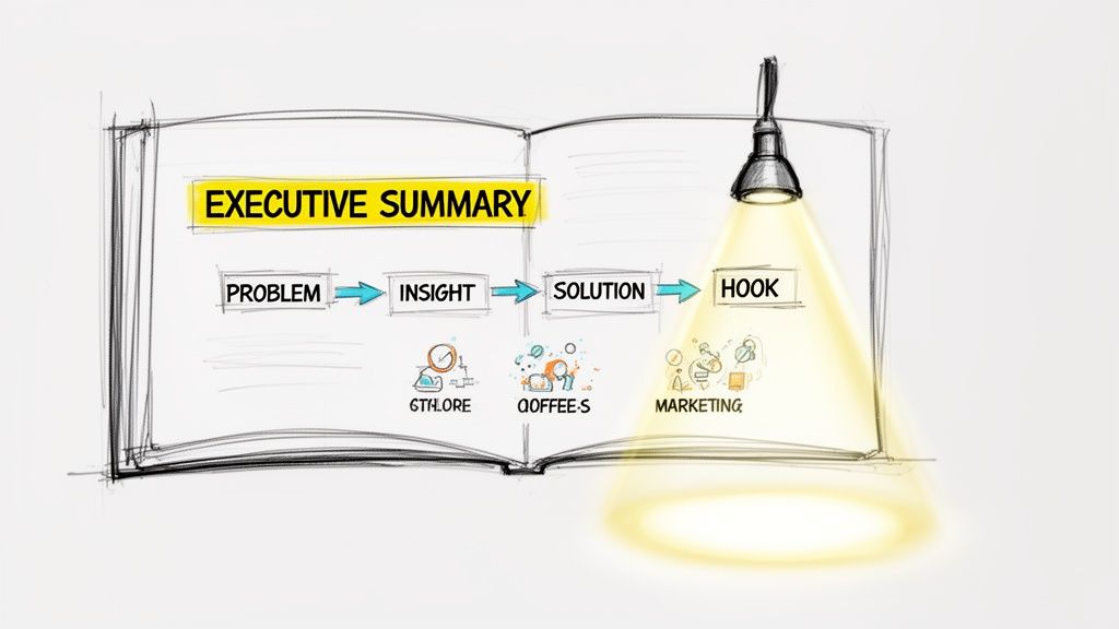 A hand-drawn diagram in an open book shows an executive summary flow from problem to hook.