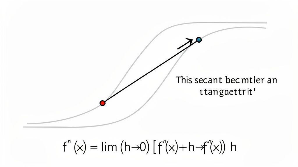 A graph illustrating the concept of a derivative with a secant line approaching a tangent.