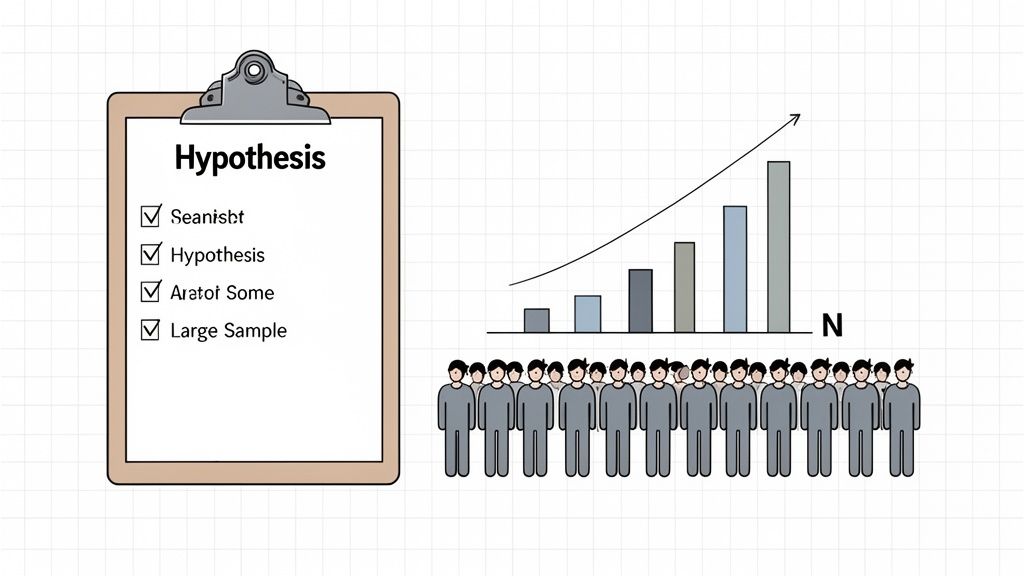 A clipboard with a research hypothesis checklist, next to a bar chart showing growth and a large sample size 'N'.