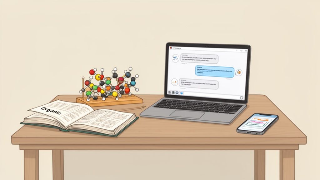 A desk with an open organic chemistry textbook, a molecular model, a laptop, and a smartphone.