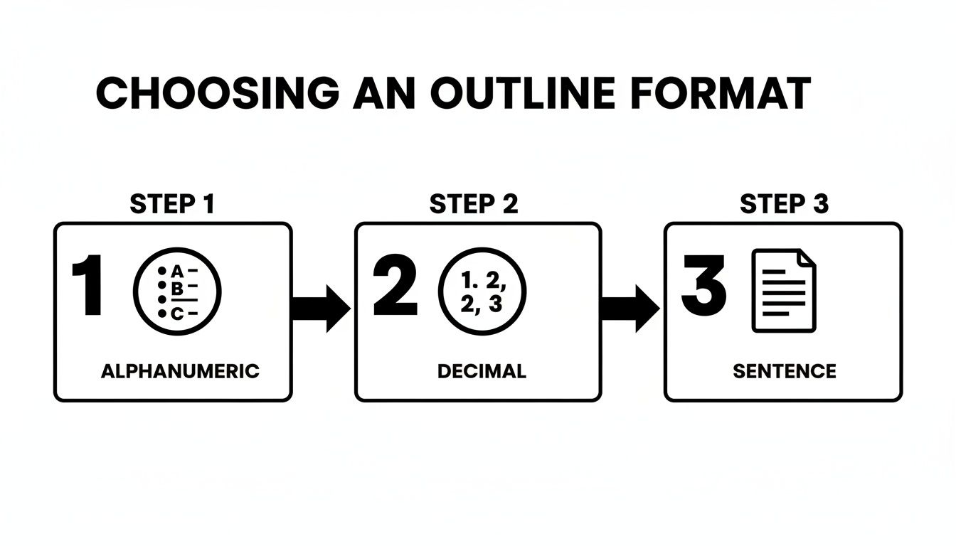 A three-step process for choosing an outline format: alphanumeric, decimal, and sentence types.