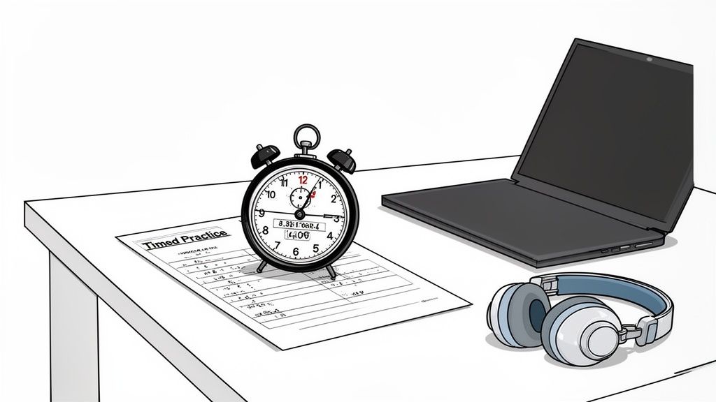 A desk with an open laptop, an alarm clock, headphones, and a 'Timed Practice' sheet.