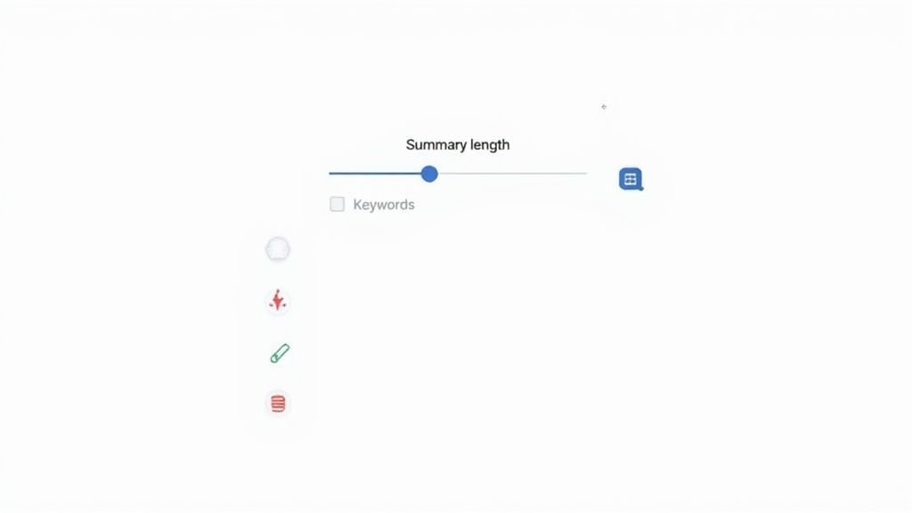 A clean white interface displaying a 'Summary length' slider, 'Keywords' checkbox, and tool icons.