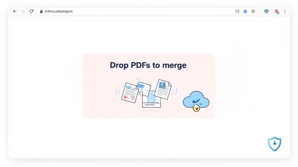 A webpage showing an online PDF merger tool, inviting users to 'Drop PDFs to merge' with document and cloud illustrations.