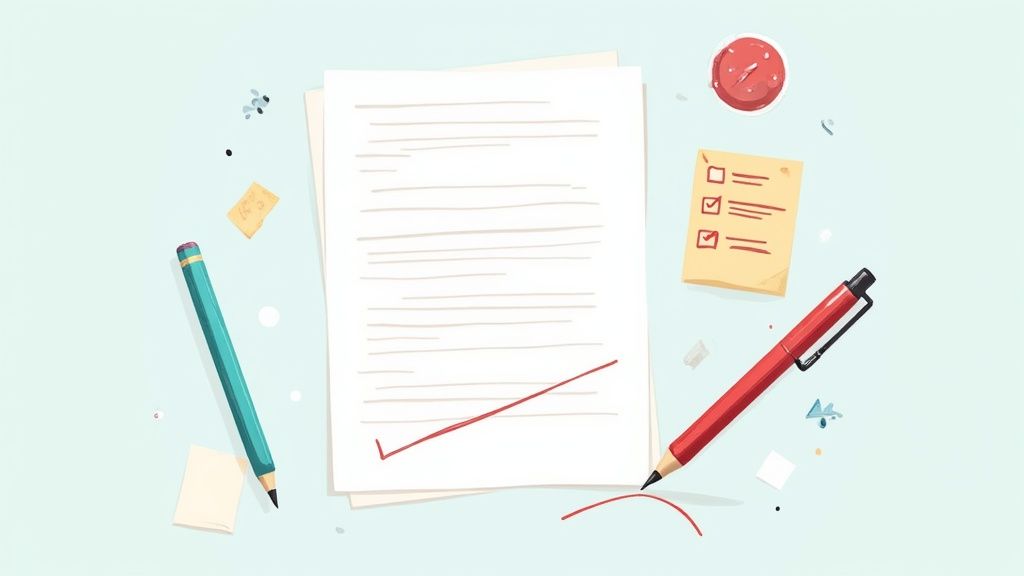 A flat lay of study materials: papers, a red pen, a green pencil, a checklist, and a timer.