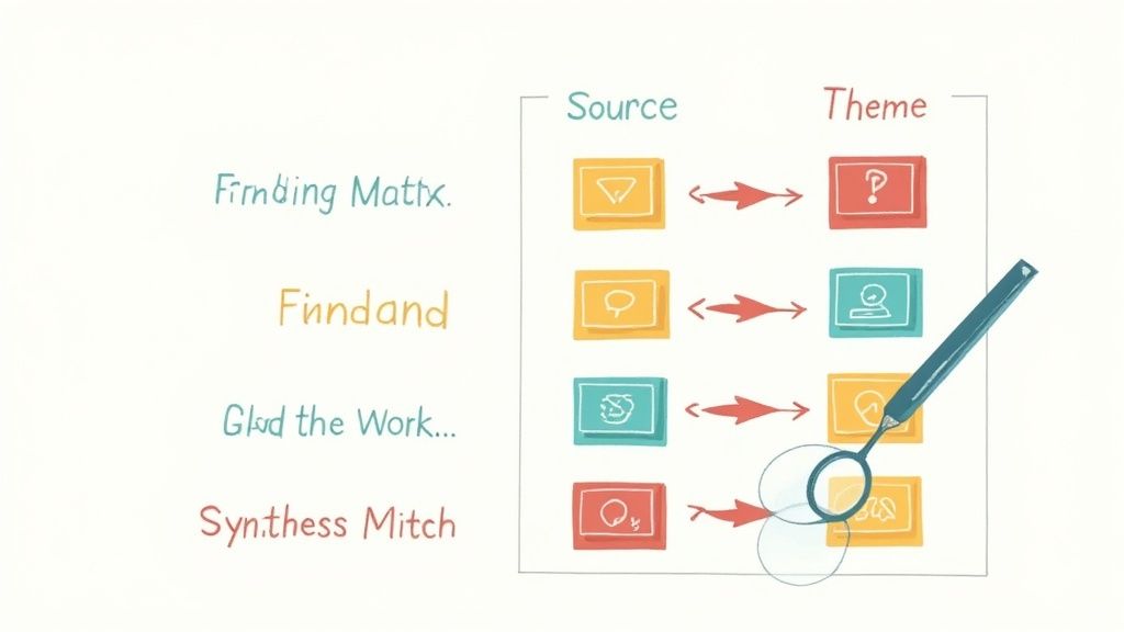 A conceptual diagram showing various sources mapped to themes, with a magnifying glass examining one theme.