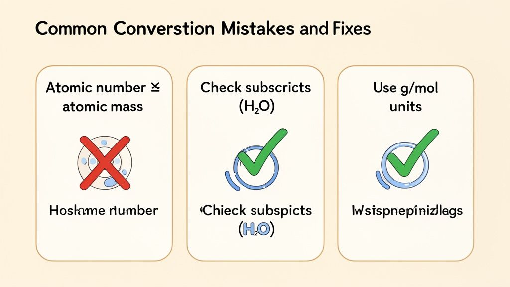 Diagram illustrating common conversion mistakes and fixes in chemistry, covering atomic numbers, subscripts, and g/mol units.
