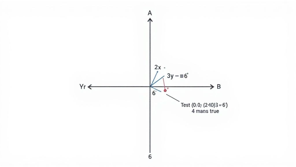 A Cartesian coordinate system graph showing two lines labeled '2x' and '3y = 6'', with a test point.