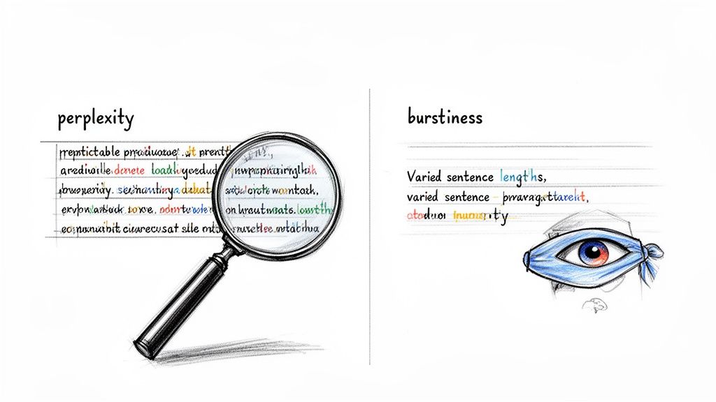 Visual explanation of perplexity (text scrutiny) and burstiness (varied sentence structure) for AI detection.