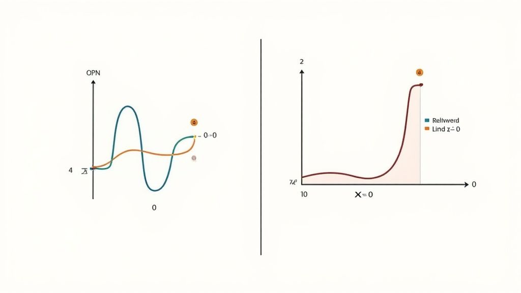 Two comparative mathematical graphs displaying different data curves and distributions with labeled axes.