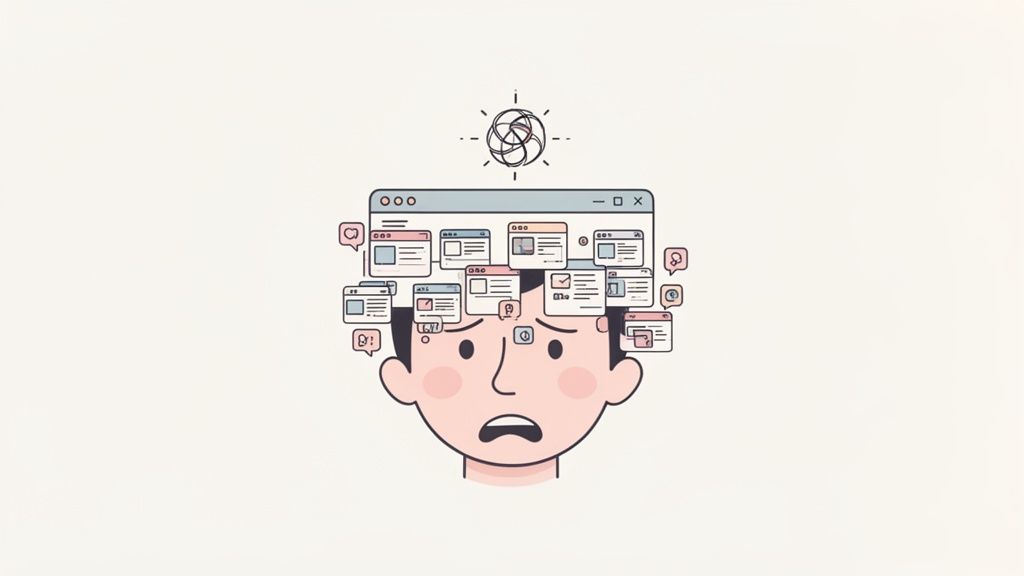 Illustration of a person overwhelmed by multiple browser tabs and social media notifications, symbolizing information overload.